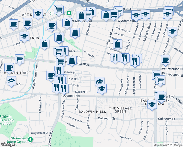 map of restaurants, bars, coffee shops, grocery stores, and more near 3440 Carmona Avenue in Los Angeles
