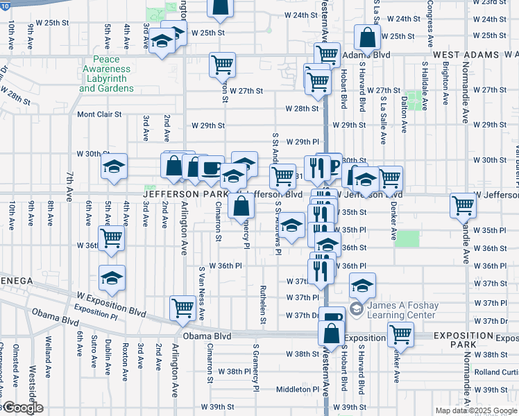 map of restaurants, bars, coffee shops, grocery stores, and more near 1814 West 35th Street in Los Angeles