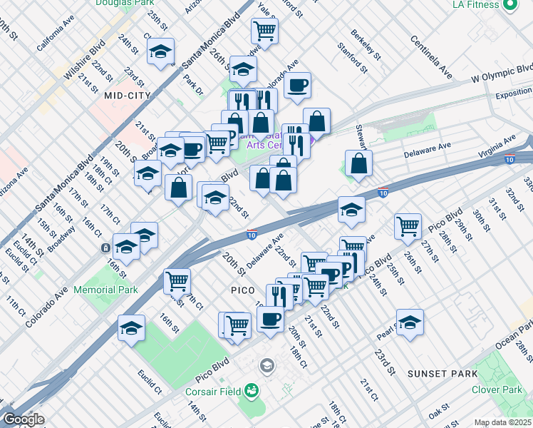 map of restaurants, bars, coffee shops, grocery stores, and more near 1818 Cloverfield Boulevard in Santa Monica