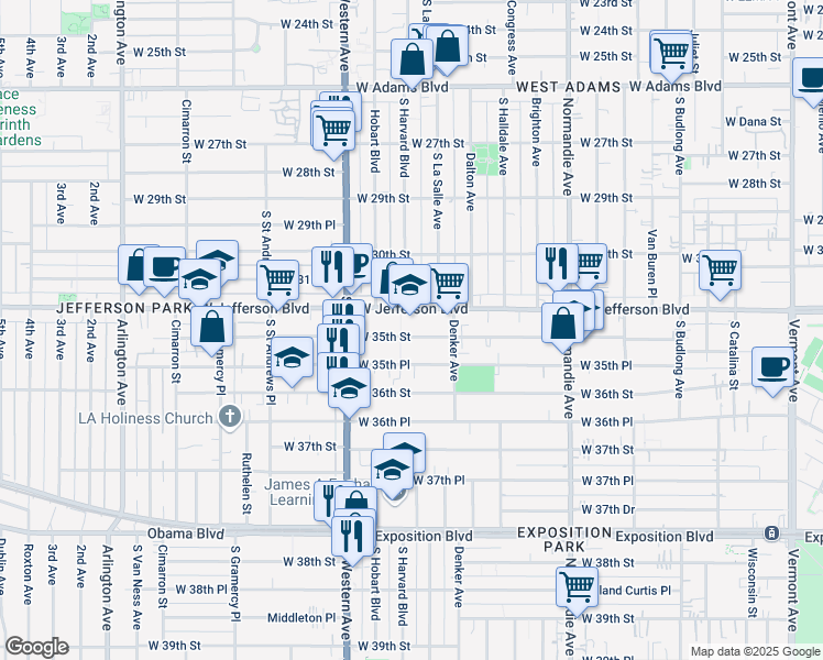 map of restaurants, bars, coffee shops, grocery stores, and more near 1605 West 35th Street in Los Angeles