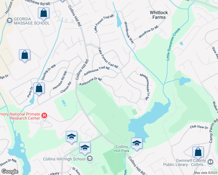 map of restaurants, bars, coffee shops, grocery stores, and more near 2480 Ashbourne Drive Northeast in Lawrenceville