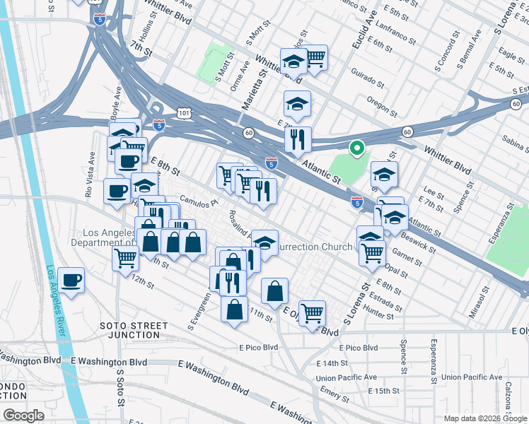 map of restaurants, bars, coffee shops, grocery stores, and more near 1153 Euclid Avenue in Los Angeles