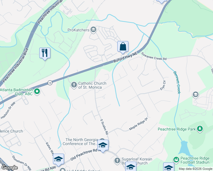 map of restaurants, bars, coffee shops, grocery stores, and more near 1655 Highland Farm Drive in Suwanee