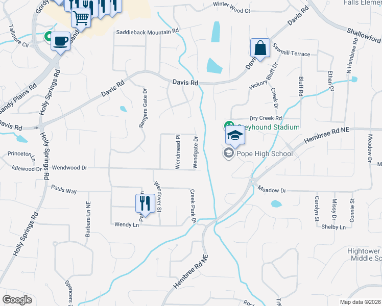 map of restaurants, bars, coffee shops, grocery stores, and more near 3067 Wendgate Drive in Marietta