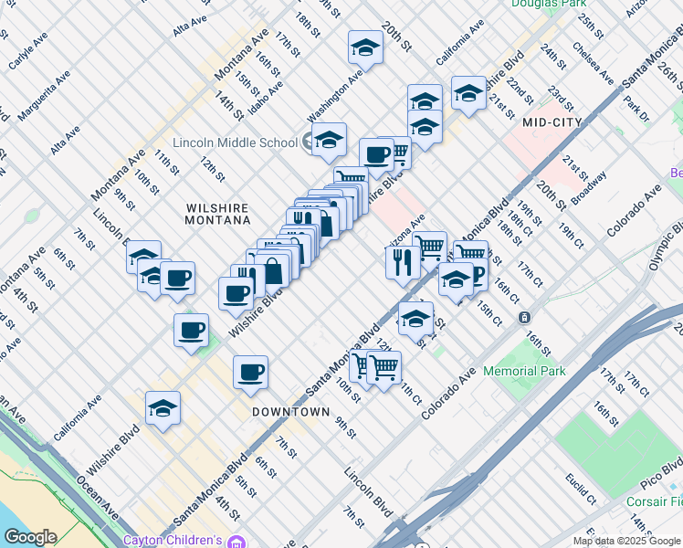 map of restaurants, bars, coffee shops, grocery stores, and more near 1243 12th Street in Santa Monica