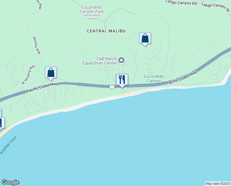 map of restaurants, bars, coffee shops, grocery stores, and more near 27420 California 1 in Malibu