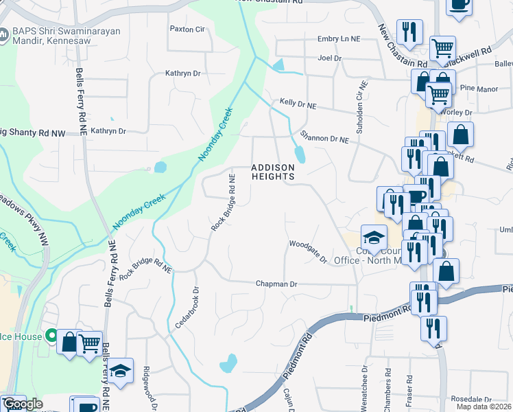 map of restaurants, bars, coffee shops, grocery stores, and more near 356 Timber Way East in Marietta