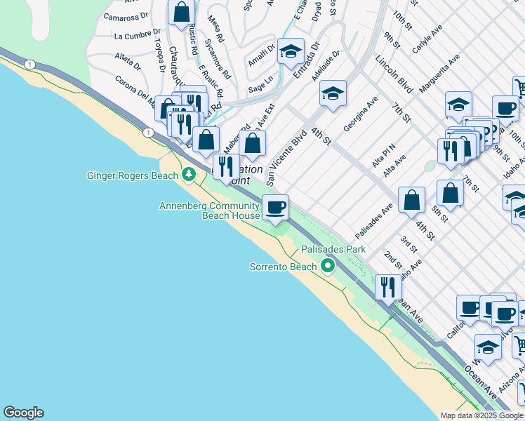 map of restaurants, bars, coffee shops, grocery stores, and more near 415 Pacific Coast Highway in Santa Monica