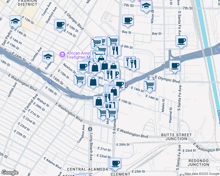 map of restaurants, bars, coffee shops, grocery stores, and more near Christopher Columbus Transcontinental Highway in Los Angeles