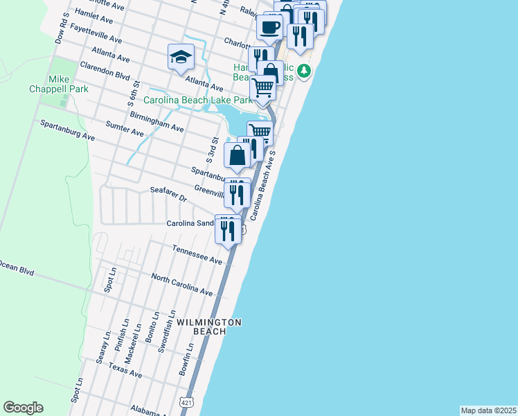 map of restaurants, bars, coffee shops, grocery stores, and more near 1001 Carolina Beach Avenue North in Carolina Beach