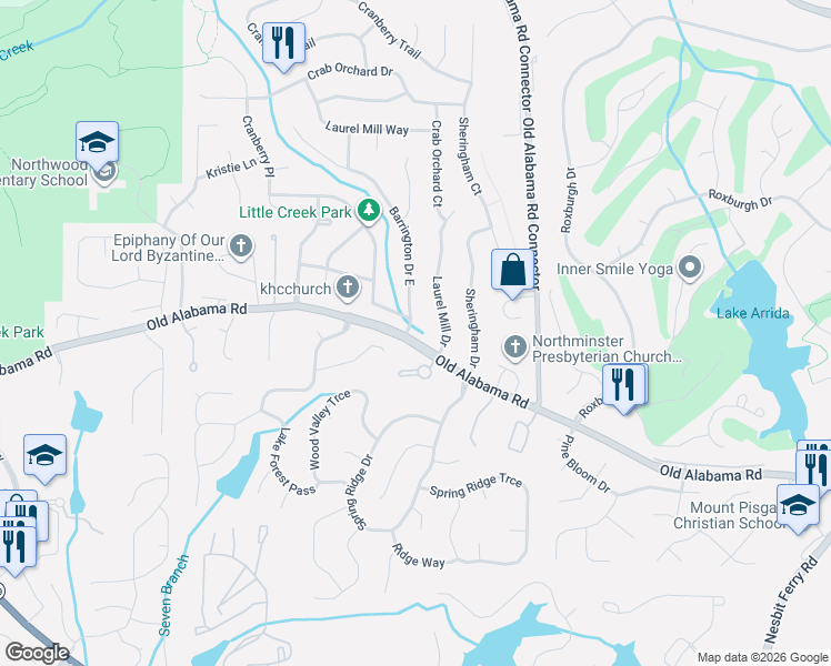 map of restaurants, bars, coffee shops, grocery stores, and more near 970 Laurel Mill Drive in Roswell