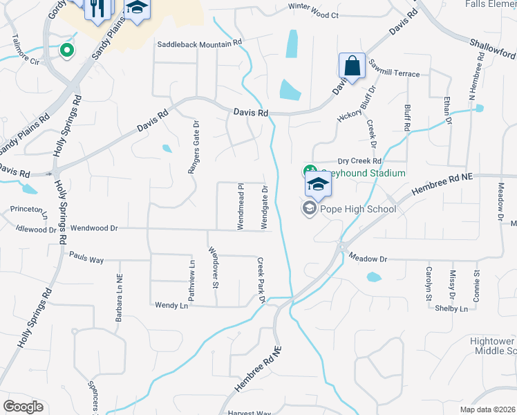 map of restaurants, bars, coffee shops, grocery stores, and more near 3067 Wendgate Drive in Marietta