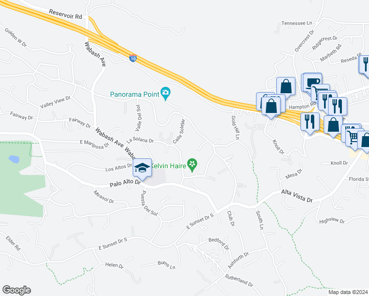 map of restaurants, bars, coffee shops, grocery stores, and more near 835 La Solana Drive in Redlands