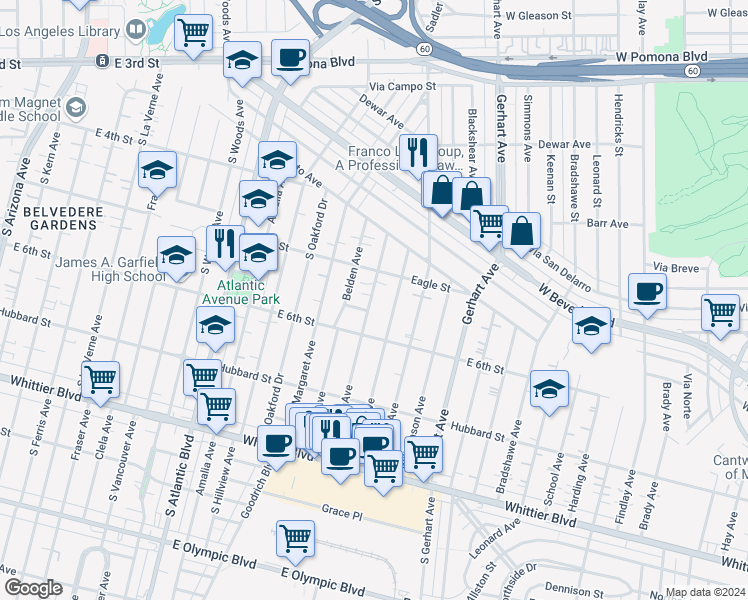 map of restaurants, bars, coffee shops, grocery stores, and more near 530 Eastmont Avenue in Los Angeles