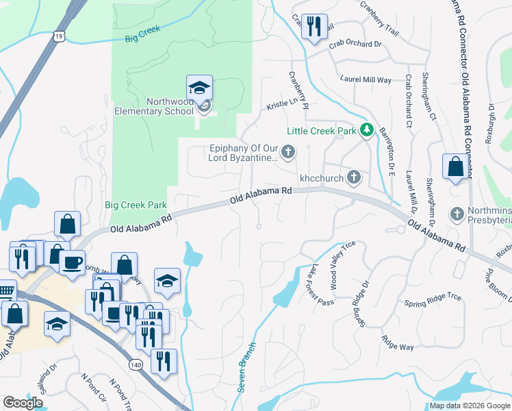 map of restaurants, bars, coffee shops, grocery stores, and more near 110 Stonewyck Place in Roswell