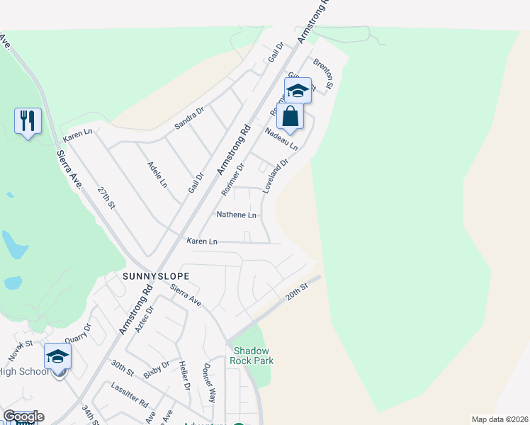 map of restaurants, bars, coffee shops, grocery stores, and more near 2498 Loveland Drive in Riverside