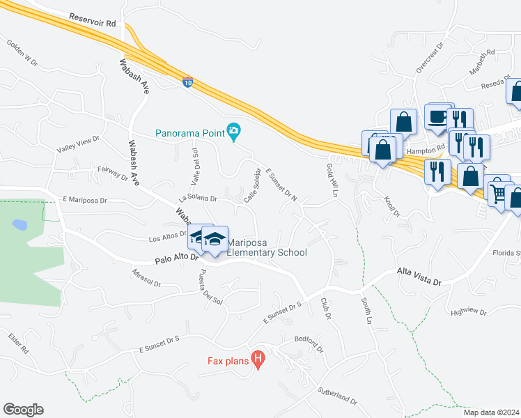 map of restaurants, bars, coffee shops, grocery stores, and more near 835 La Solana Drive in Redlands