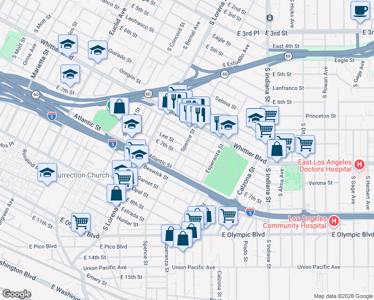 map of restaurants, bars, coffee shops, grocery stores, and more near 962 Spence Street in Los Angeles
