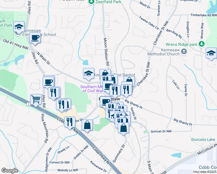 map of restaurants, bars, coffee shops, grocery stores, and more near 2921 Moon Station Road in Kennesaw