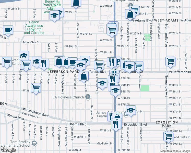 map of restaurants, bars, coffee shops, grocery stores, and more near 1805 West 35th Street in Los Angeles