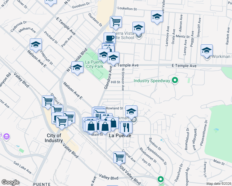 map of restaurants, bars, coffee shops, grocery stores, and more near 15844 San Jose Avenue in La Puente