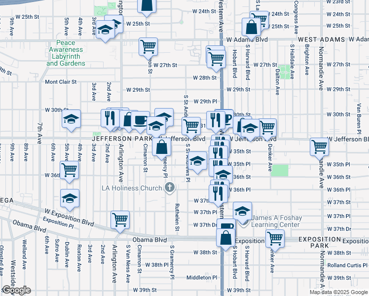 map of restaurants, bars, coffee shops, grocery stores, and more near 1805 West 35th Street in Los Angeles