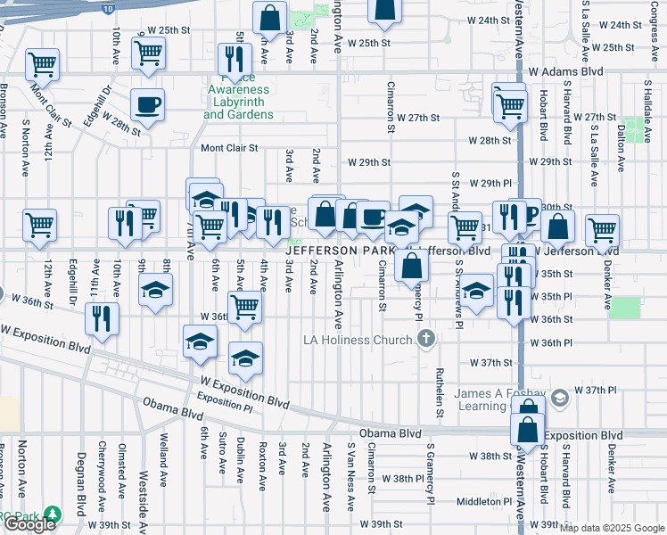 map of restaurants, bars, coffee shops, grocery stores, and more near 3421 Arlington Avenue in Los Angeles