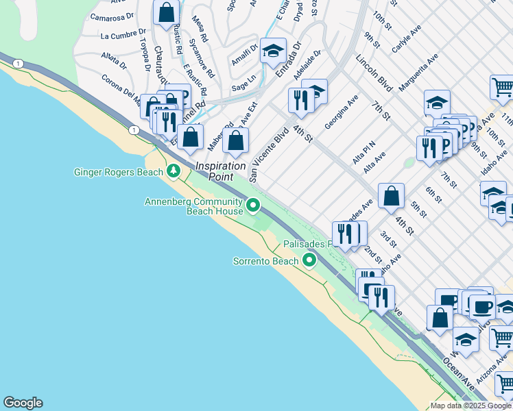 map of restaurants, bars, coffee shops, grocery stores, and more near 267 Pacific Coast Highway in Santa Monica