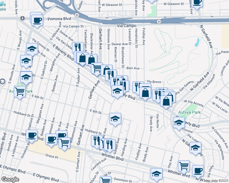 map of restaurants, bars, coffee shops, grocery stores, and more near 3421 West Beverly Boulevard in Montebello
