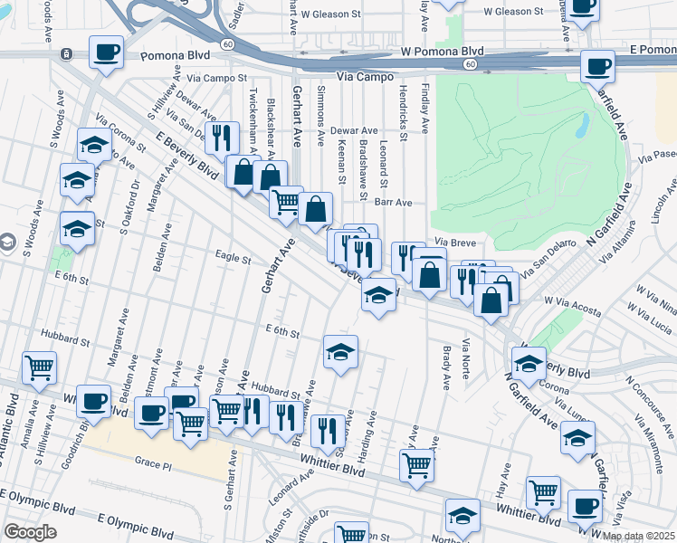 map of restaurants, bars, coffee shops, grocery stores, and more near 3511 West Beverly Boulevard in Montebello