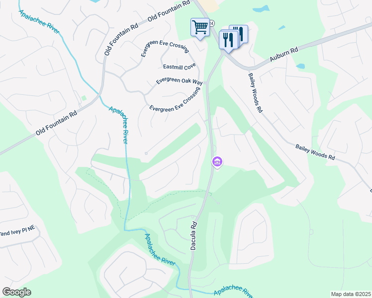 map of restaurants, bars, coffee shops, grocery stores, and more near 960 River Valley Drive in Dacula