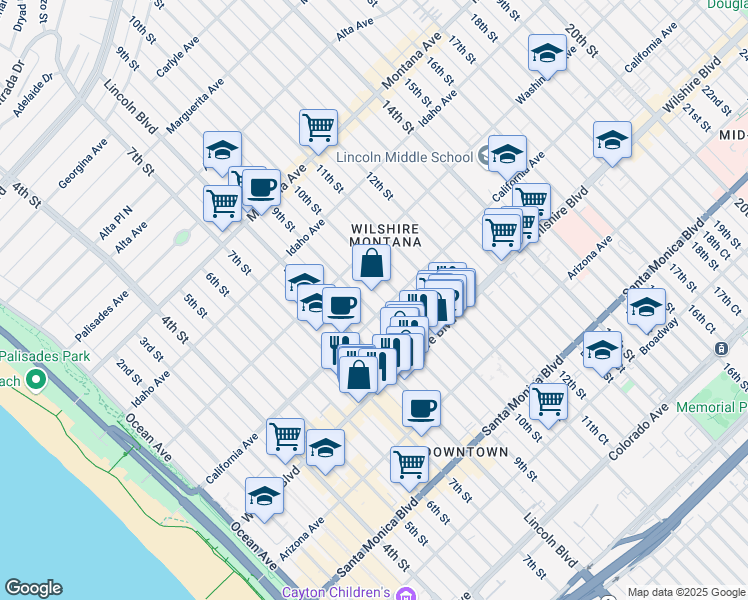map of restaurants, bars, coffee shops, grocery stores, and more near in Santa Monica