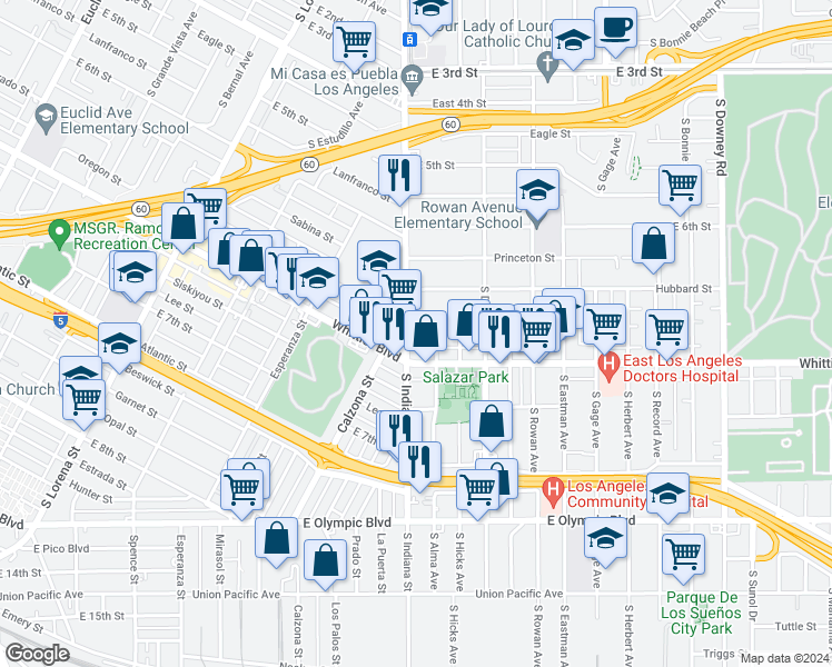 map of restaurants, bars, coffee shops, grocery stores, and more near 816 South Indiana Street in Los Angeles