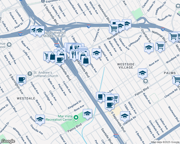 map of restaurants, bars, coffee shops, grocery stores, and more near 11121 Queensland Street in Los Angeles