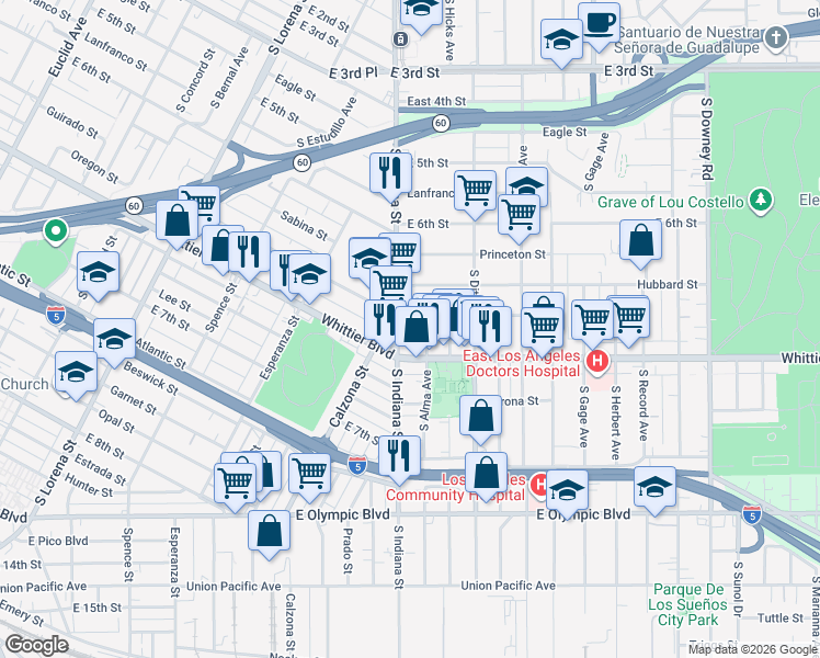 map of restaurants, bars, coffee shops, grocery stores, and more near 816 South Indiana Street in Los Angeles