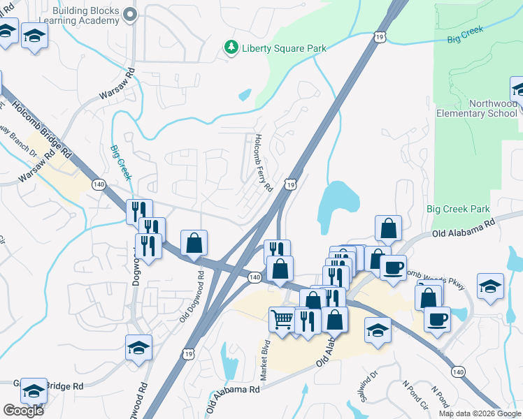 map of restaurants, bars, coffee shops, grocery stores, and more near 907 Old Holcomb Bridge Road in Roswell