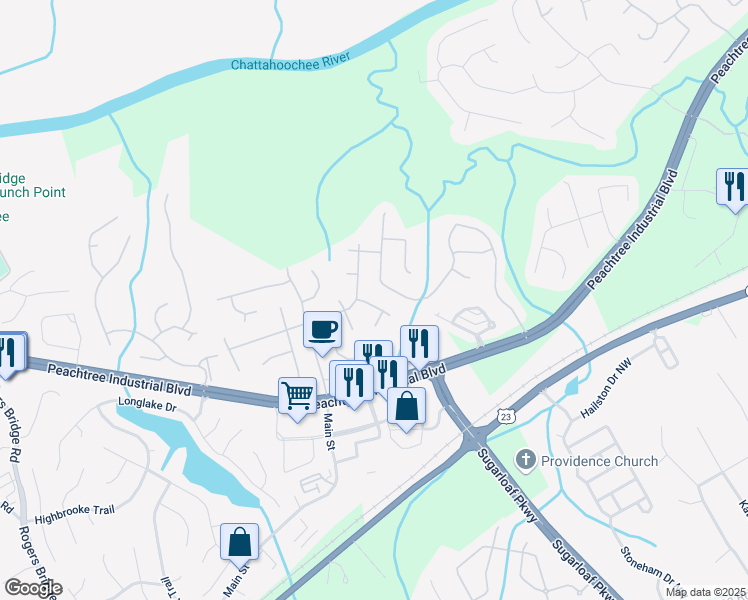 map of restaurants, bars, coffee shops, grocery stores, and more near 3925 Tugaloo River Drive Northwest in Duluth