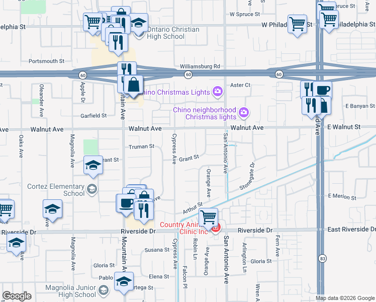 map of restaurants, bars, coffee shops, grocery stores, and more near 6577 Grant Street in Chino
