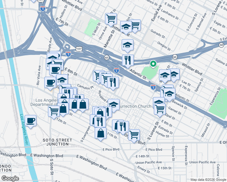 map of restaurants, bars, coffee shops, grocery stores, and more near 3000 East 8th Street in Los Angeles