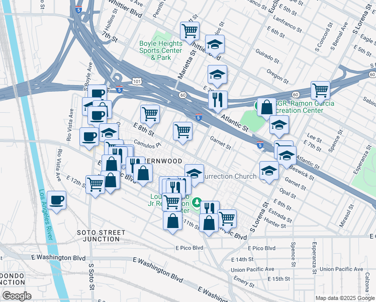 map of restaurants, bars, coffee shops, grocery stores, and more near 3000 East 8th Street in Los Angeles