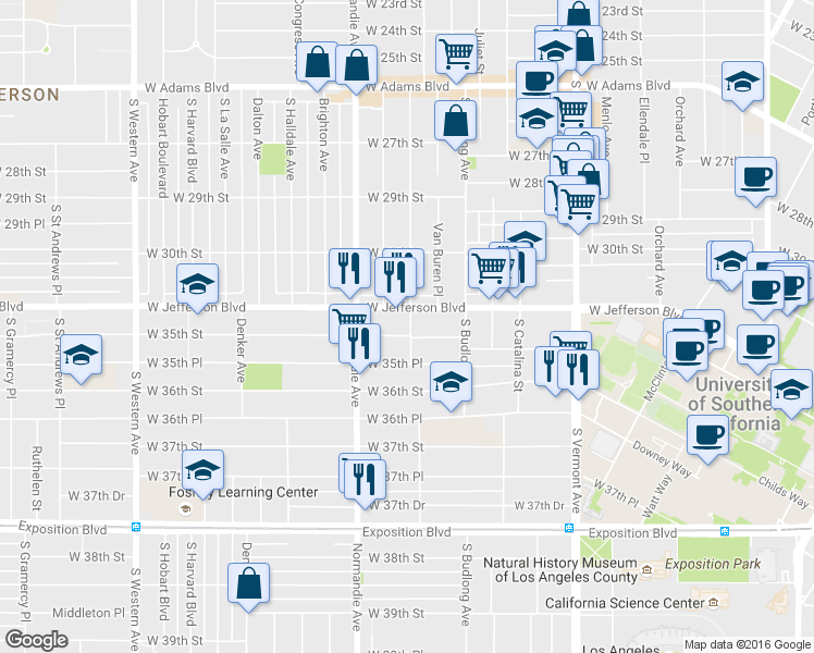 map of restaurants, bars, coffee shops, grocery stores, and more near 1300 West 35th Street in Los Angeles