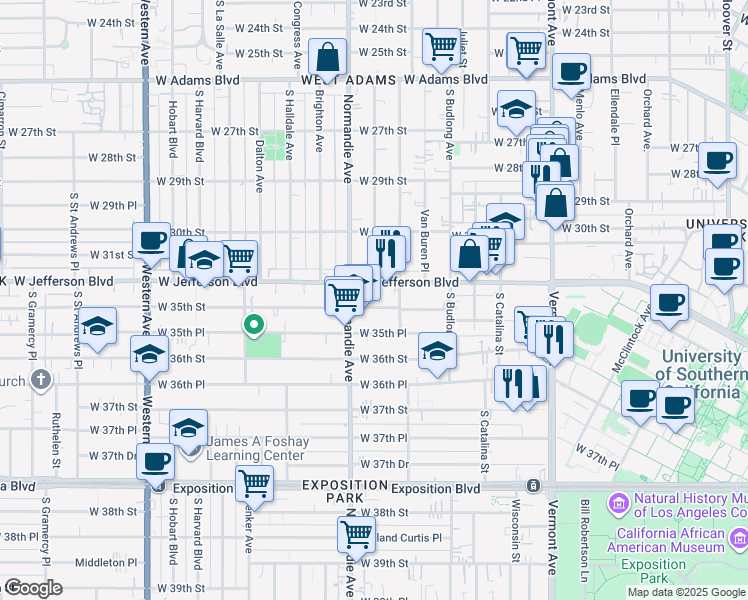 map of restaurants, bars, coffee shops, grocery stores, and more near 1352 West 35th Street in Los Angeles