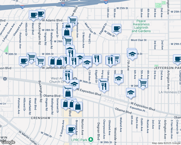 map of restaurants, bars, coffee shops, grocery stores, and more near 3505 12th Avenue in Los Angeles