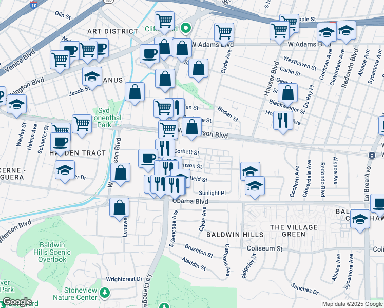 map of restaurants, bars, coffee shops, grocery stores, and more near 5708 Corbett Street in Los Angeles