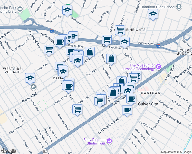 map of restaurants, bars, coffee shops, grocery stores, and more near 3645 Vinton Avenue in Los Angeles