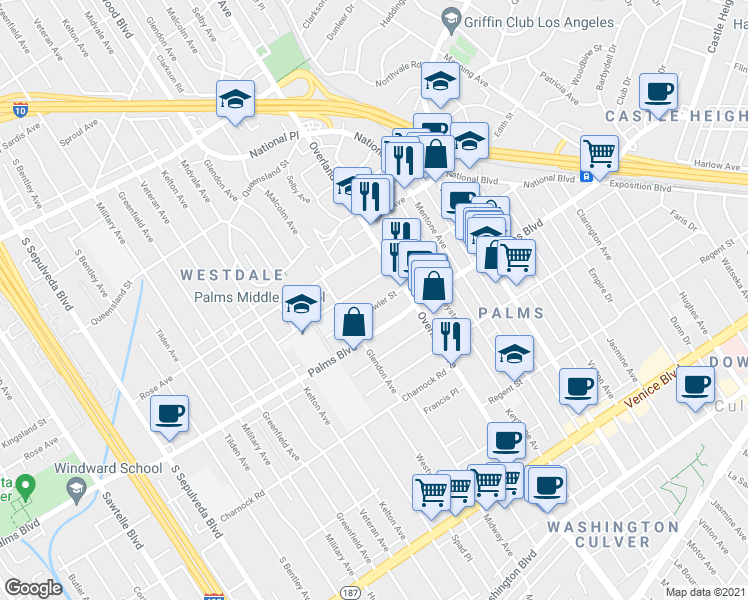 map of restaurants, bars, coffee shops, grocery stores, and more near 10740 Lawler Street in Los Angeles