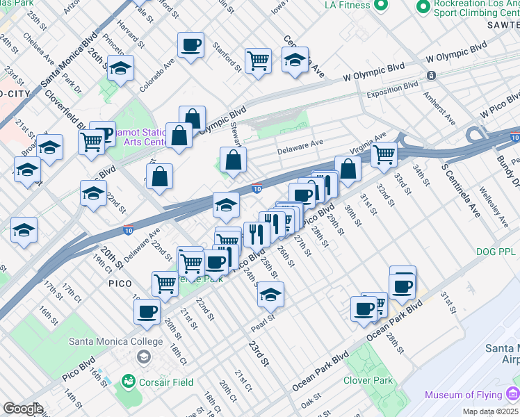 map of restaurants, bars, coffee shops, grocery stores, and more near 2519 Kansas Avenue in Santa Monica