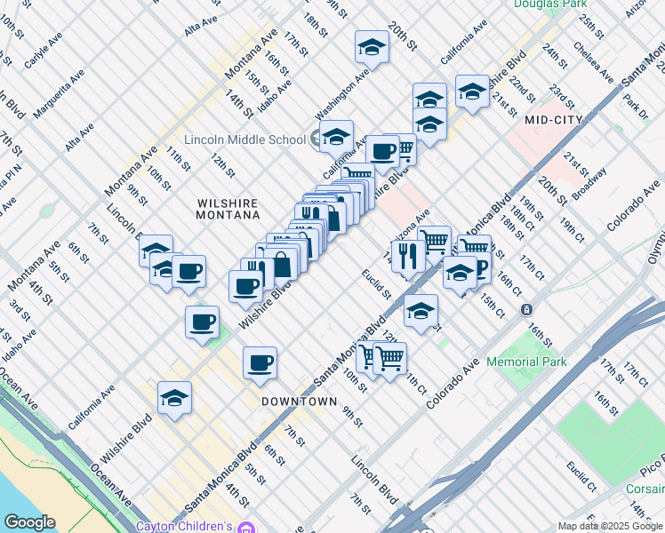 map of restaurants, bars, coffee shops, grocery stores, and more near 1243 12th Street in Santa Monica