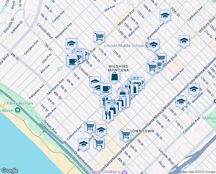 map of restaurants, bars, coffee shops, grocery stores, and more near 1027 Lincoln Boulevard in Santa Monica
