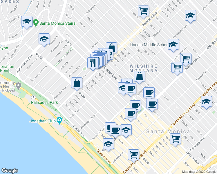 map of restaurants, bars, coffee shops, grocery stores, and more near 928 6th Court in Santa Monica